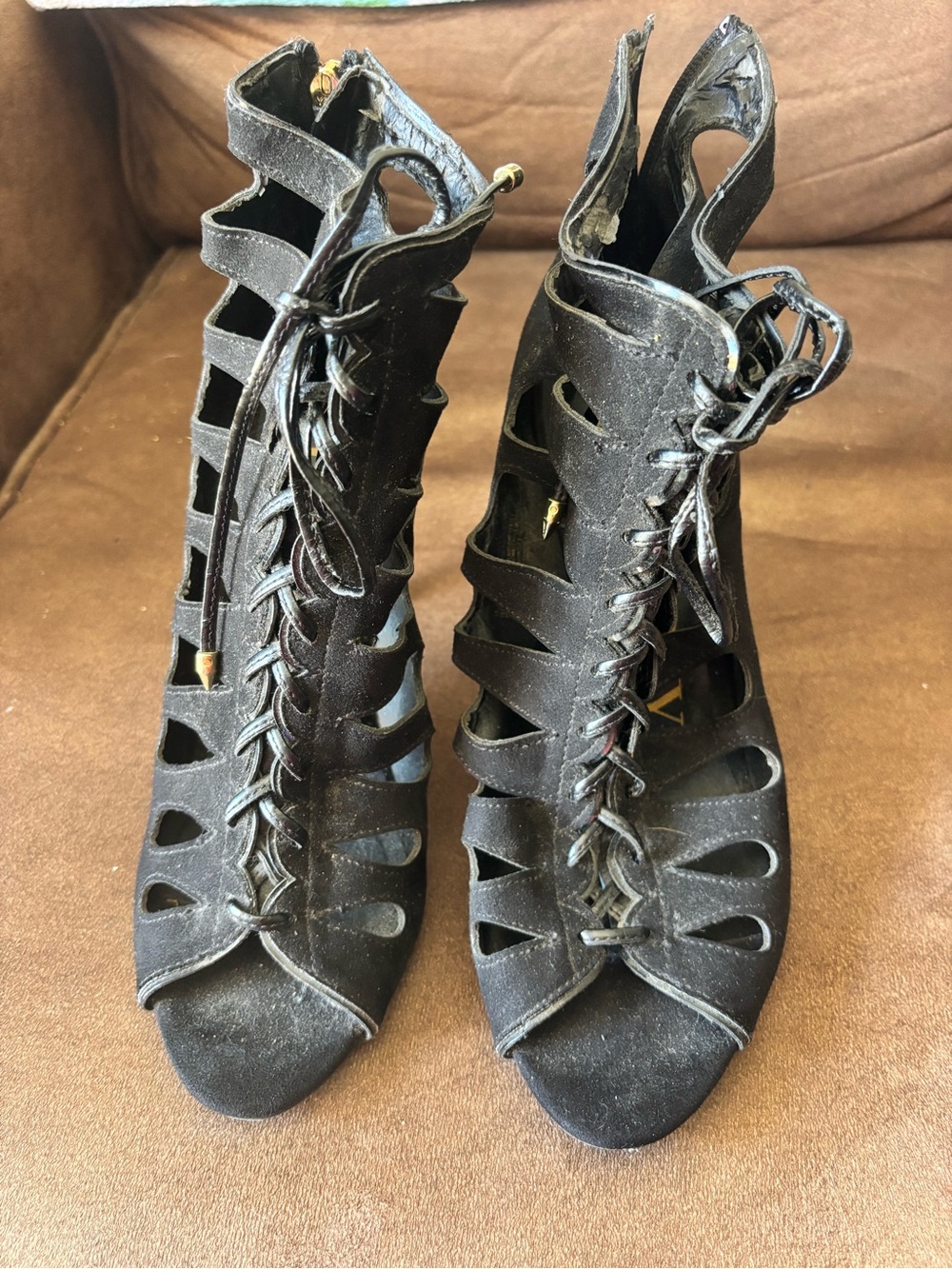 Sam & Libby Black Suede Lace-Up Cutout Heeled Sandals